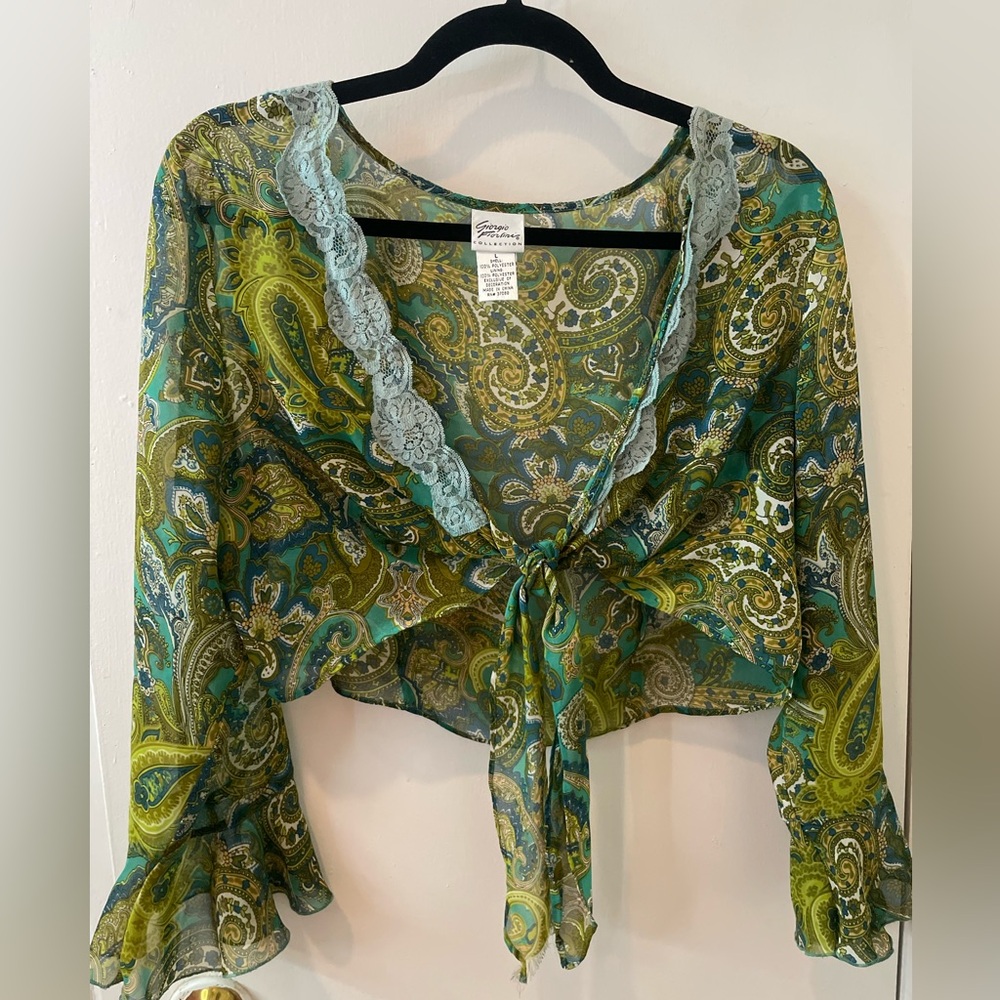 Giorgio Fiorelli Chiffon Psychedelic Paisley Tie Front Bolero Top Y2K Large
